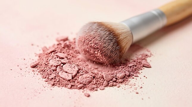 Cosmetic makeup brush with pink powder blush on a surface. powder blush tips 