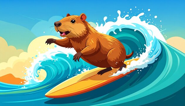 Capybara Surfing Adventure on Ocean Waves with Sunset Background
