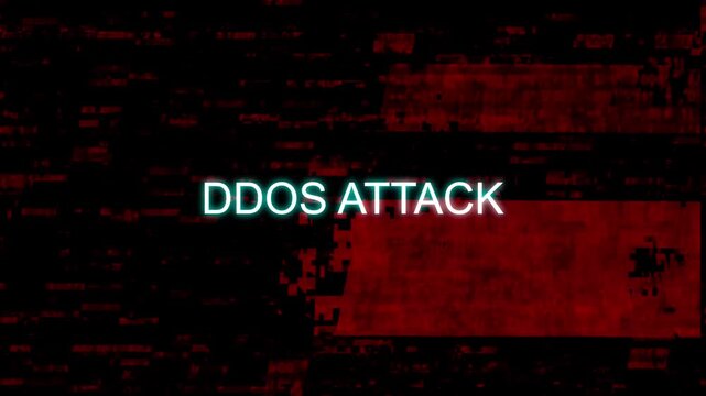 Futuristic cyber crime concept featuring a glowing cyan ddos attack text notification on a corrupted dark red glitchy server screen.