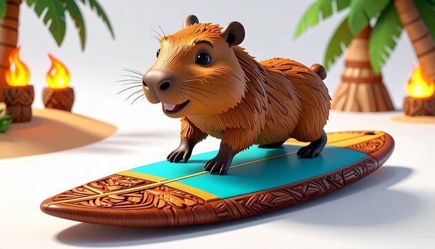 Charming Capybara Balancing on Vibrant Surfboard Amid Tropical Beach Paradise with Palm Trees and Warm Sunset Glow