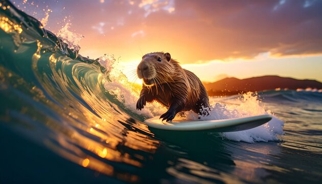 Capybara Surfing Adventure Riding A Large Ocean Wave During A Golden Sunset Reflection With Cinematic Lighting And Dynamic Motion