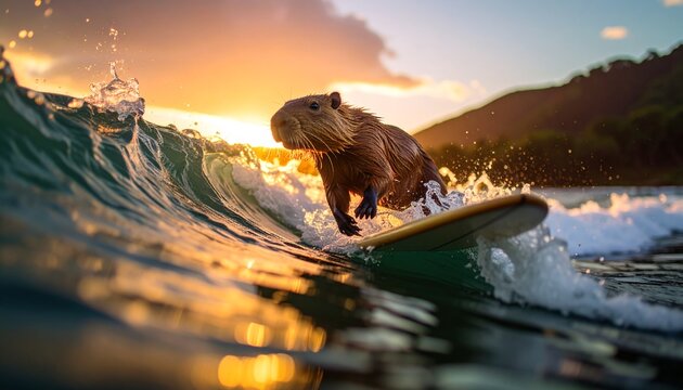 Capybara Surfing Adventure Riding A Wave During A Golden Sunset Reflection In A Dynamic Tropical Ocean Water Sport Scene