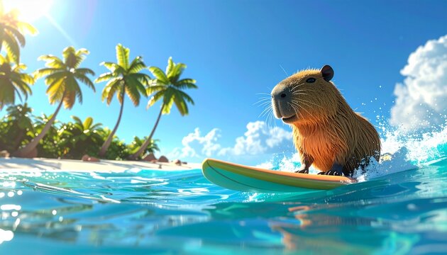 Capybara Surfing Adventure on Tropical Waves with Palm Trees