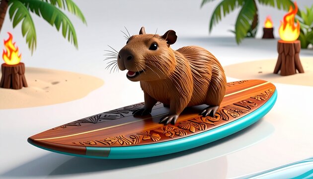 Capybara Surfing Adventure on a Tiki Mask Surfboard at a Tropical Beach with Flaming Torches in a Fun Whimsical Style