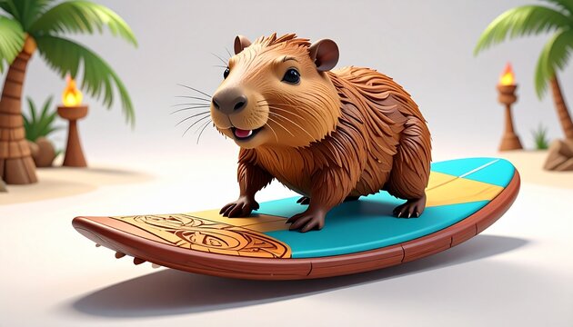 Capybara Surfing Adventure on a Colorful Surfboard at Tropical Beach