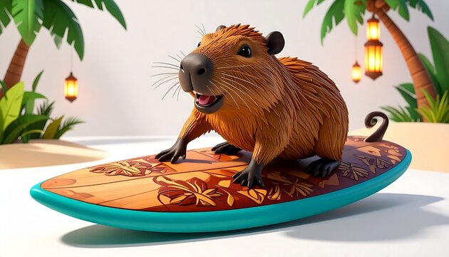 Capybara balancing on a colorful surfboard in a tropical lagoon with palm trees and tiki decor, playful wildlife adventure scene in bright daylight