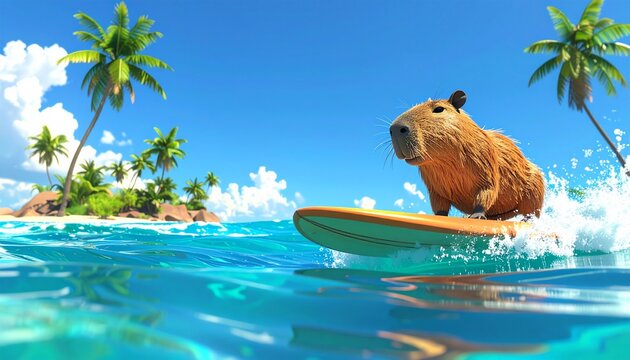 Capybara Surfing Adventure on Tropical Island Waves
