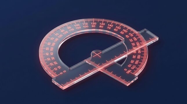 Glass protractor isolated on dark blue background. Concept of precision, geometry, measurement, engineering, mathematics, accuracy, drafting, design.