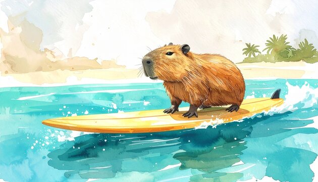 Capybara Surfing Adventure on Watercolor Shore Riding Ocean Waves