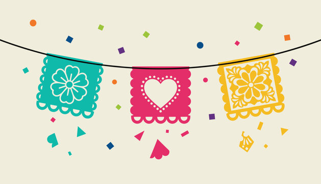 Three colorful papel picado banner flags with flower and heart designs hang surrounded by festive confetti.