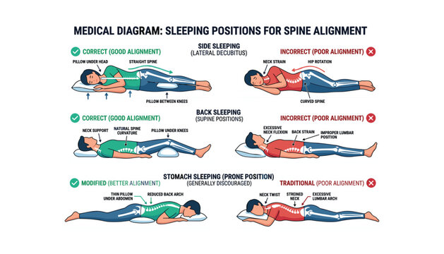 Medical diagram of correct and incorrect sleeping positions for proper spine alignment back side stomach flat vector illustration