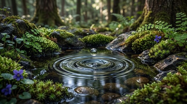 A single water drop creating ripples in a serene forest pond surrounded by vibrant green moss and ancient trees.