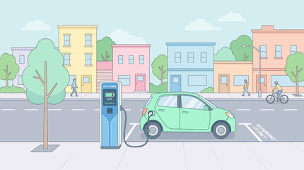 Naklejka premium Electric Vehicle Charging in Cityscape with Colorful Buildings