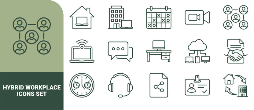 Hybrid workplace set featuring remote work, conferencing, office building, calendar, laptop, headset, cloud computing, and team network