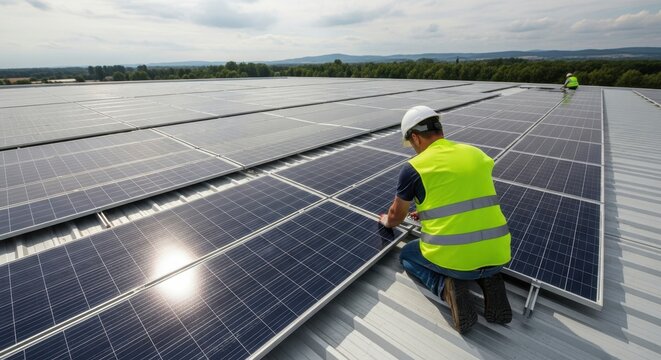 Worker in safety vest and helmet installing solar panels on a rooftop with a vast array stretching to the horizon.