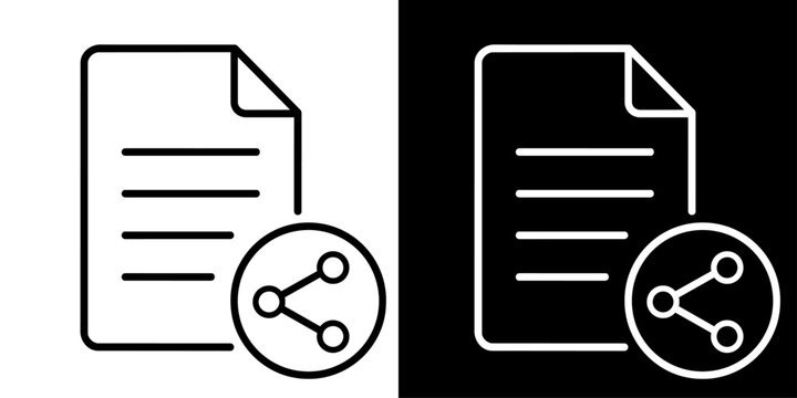 書類の共有を表す文書と共有マークの白黒線画アイコンセット