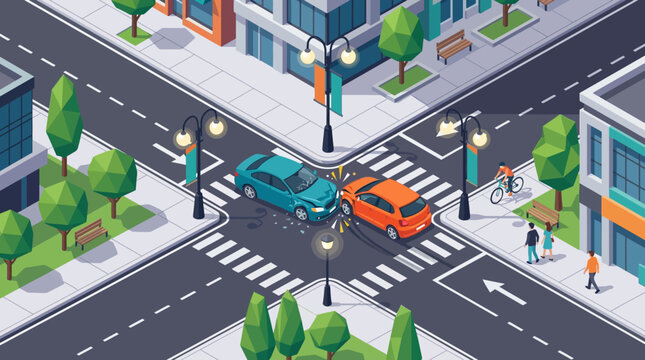Car Collision at City Intersection, Traffic Accident Illustration