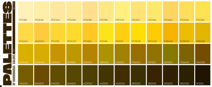 Yellow color palette. Lemon, sand and honey, sunflower, banana and gold, corn and amber yellow swatches. Warm shades gradient chart from light to dark color gradation, rectangular shape palette mockup