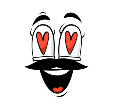 Cartoon smiling mustached wow face with heart eyes expressing love and admiration. Playful and cheerful comic character emoji with open mouth. Emotion of affection, joy, infatuation and adoration