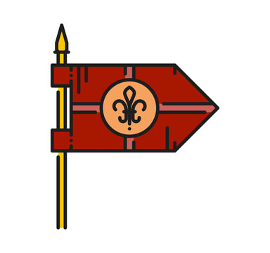 Heraldry red flag on flagpole color line icon or symbol. Royal Coat of Arms lineart sign, ancient crest icon. Antique heraldry symbol with monarch lilly