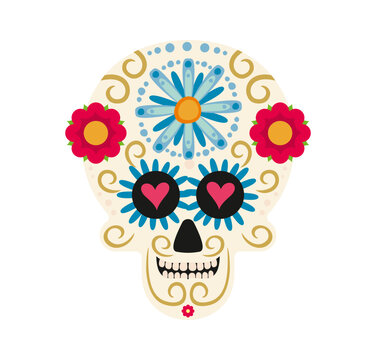 Mexican calavera sugar skull for day of the dead festival or Dia De Los Muertos holiday. Mexican sugar skull of Catrina calavera with marigold flowers pattern and hearts ornament for Mexico fiesta