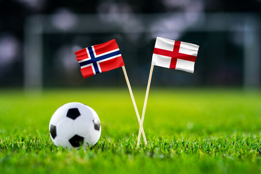 Norway vs England, Quarterfinals 2026 tournament. Illustration image, national flags before international football match, football ball on green grass 