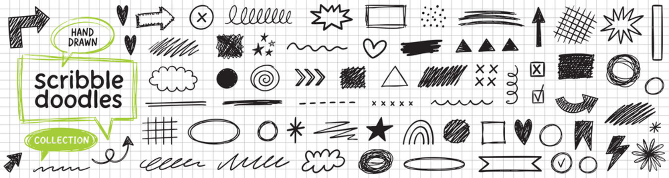 Brush stroke scribble doodle underlines, ovals and hand drawn scrapbook elements. Hand drawn arrows and cross hatch texture. Childish scribble drawing elements. Charcoal highlights and underlines.