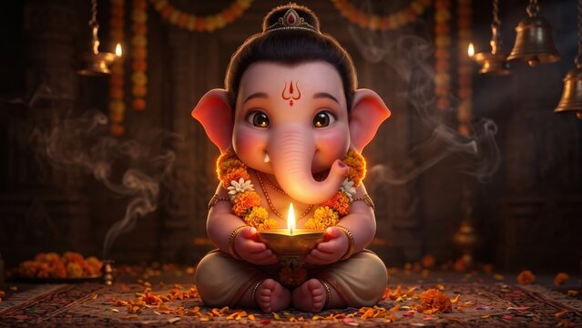 Baby Ganesha Holding Diya &ndash; Peaceful Aarti Blessing