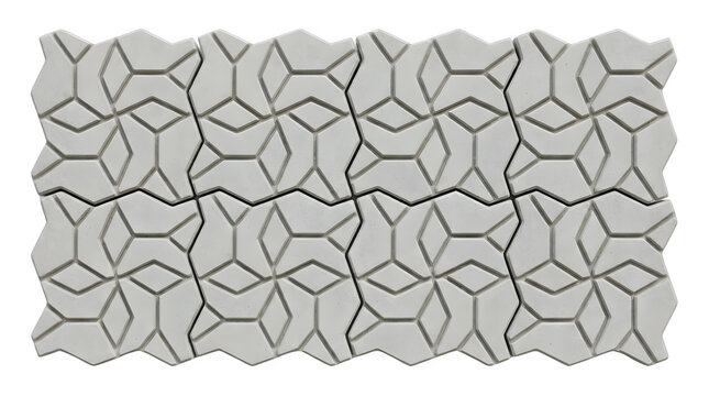 Geometric concrete paving stones with interlocking star pattern, grey cement walkway tiles for landscaping, modern outdoor patio stone texture