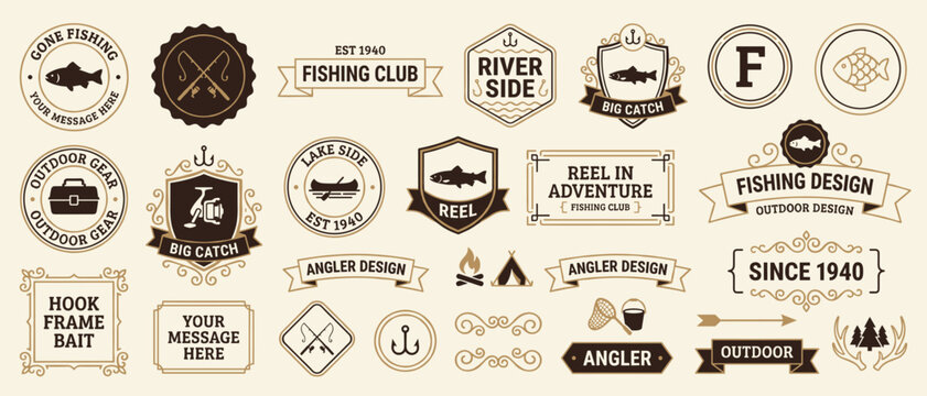 Fishing club vintage badge collection vector illustration featuring fish hook reel ribbon banners ornate frames for logo packaging design outdoor angler branding templates
