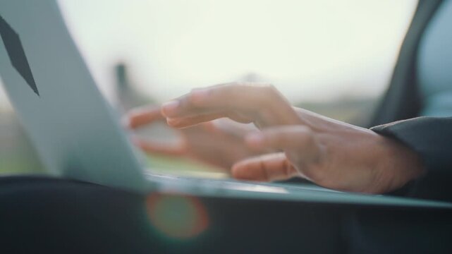 Closeup view of hands of woman freelancer typing on laptop, modern technology. Online work and freelance, mixed race arab woman sending emails by internet, e-learning and education, student using pc