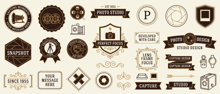 Photo studio vintage badge collection vector illustration featuring camera lens aperture ribbon banners ornate frames for logo packaging design photography branding templates
