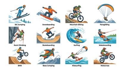 Extreme sports and outdoor adventure activities element set with snowboarding surfing rock climbing mountain biking vector flat illustration © Ruma