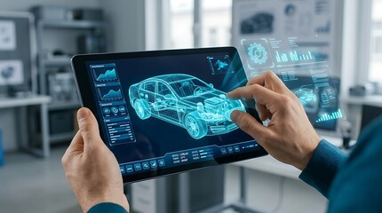 Futuristic automotive design and digital twin technology with hands holding tablet showing 3d holographic car model