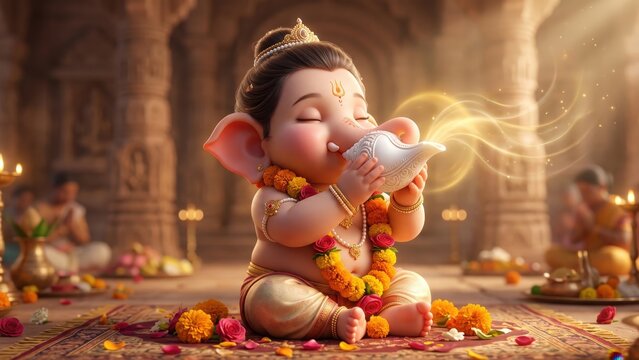 Baby Ganesha Blowing Shankha &ndash; Sacred Temple Blessing