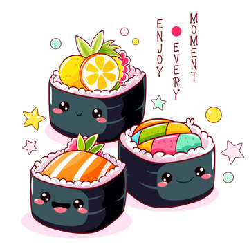 Square card with stack of cute sushi in kawaii style with smiling faces. Japanese traditional cuisine dishes. Can be used for t-shirt print, sticker, greeting card, menu design. Vector EPS8  