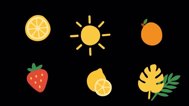 Summer pattern icon pack with vibrant citrus slices of orange, lemon, strawberry, and leaves. Suitable for summer designs, stationery, and packaging.