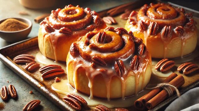 Golden cinnamon rolls with pecan swirls and rich glaze fresh from the oven on a rustic baking tray in motion.