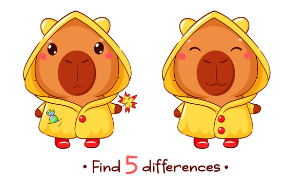 Educational Game for Kids with cute capybara. Find five Differences Activity For Preschool Children. Find 5 differences education game for kids with funny little capybara in raincoat. Vector EPS8