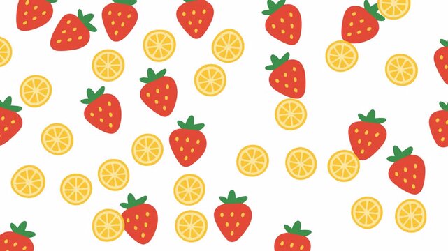 Fruit pattern with red strawberries and yellow lemon slices on a white background. Perfect for summerthemed designs or foodrelated projects.