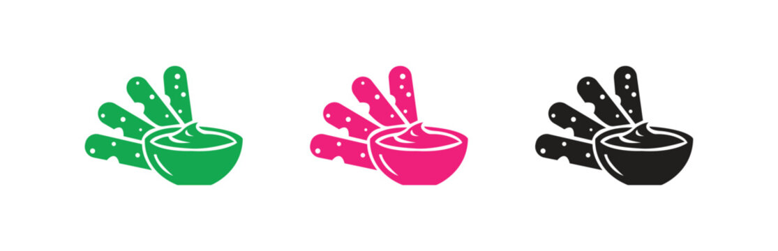 A set of graphic vector icons depicting a delicious bowl of cheesy dip with crunchy sticks, perfect for party snacks, food menus, or appetizer illustrations.