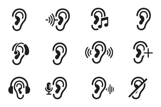 Set of human ear icons for audio and communication featuring various sound symbols including musical notes microphones and hearing aids on white background