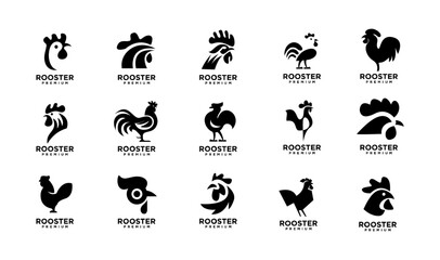 Fototapeta premium Set of Modern Black Silhouette Rooster and Chicken Head Logos. Abstract Vector Icons for Poultry, Farm, Food Branding, Agriculture, and Restaurant Business Design on White Background.