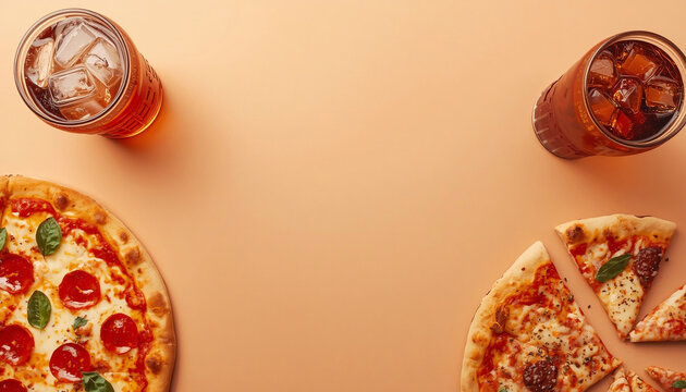 Minimalist pizza and soda flat lay design