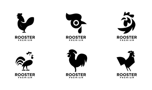 Set of Minimalist Rooster Logo Designs. Black Silhouette Bird Icons Collection for Branding.