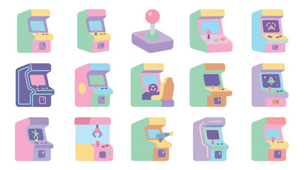 Collection of colorful retro arcade game machines and a joystick in a flat design style. © desiana
