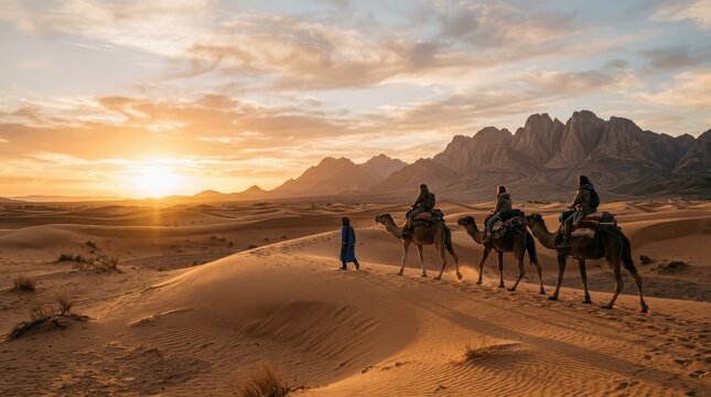 Caravan of people riding camels across golden sand dunes at sunset with distant mountains