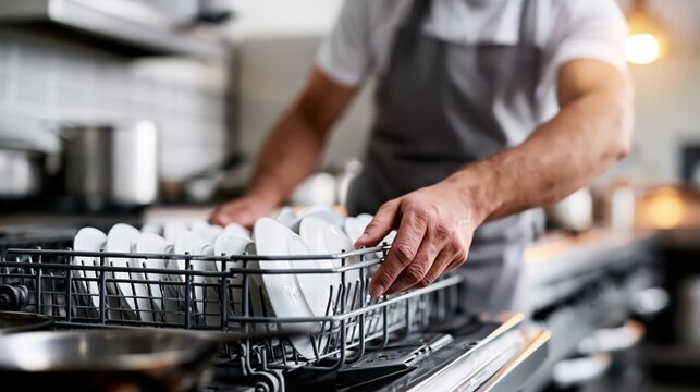 Kitchen porter unloading clean dishes from commercial dishwasher rack in restaurant kitchen