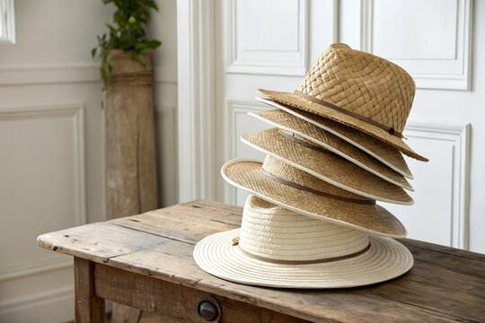 A tall stack of rustic woven straw hats resting on a weathered wooden table captured in natural light to showcase texture and summer fashion vibes