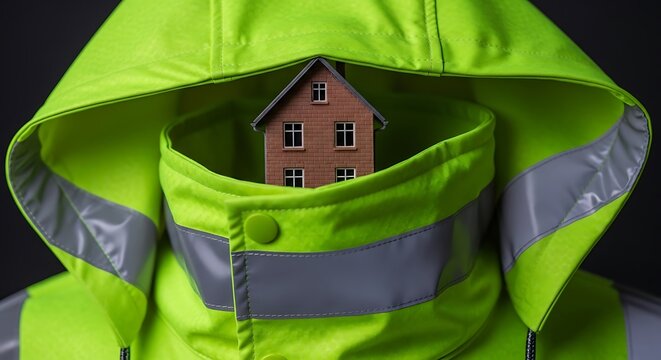 Miniature House Inside High Visibility Safety Jacket Pocket